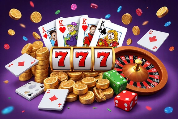 A vibrant collage of various social casino game elements, including slot machine reels, poker cards, roulette wheel, and dice, all arranged dynamically to convey excitement and variety. The elements are stylized and cartoonish, emphasizing fun and no real money. No text or logos.