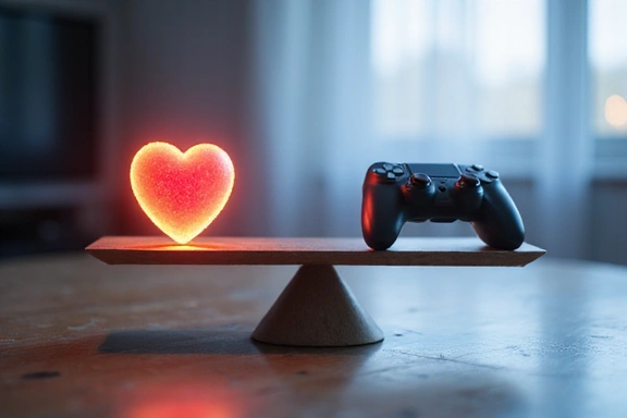 A stylized image of a balanced scale with a heart on one side and a game controller on the other, symbolizing responsible gaming and well-being. The background is soft and calming, with subtle digital elements. No text or logos.