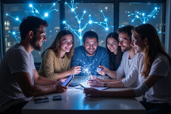 A diverse group of people digitally connected, symbolized by glowing lines and nodes, interacting happily through various gaming devices. The image emphasizes community, connection, and shared enjoyment in a digital space. No text or logos.