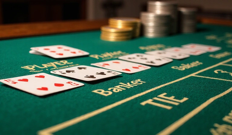 Stylized baccarat table with cards and chips