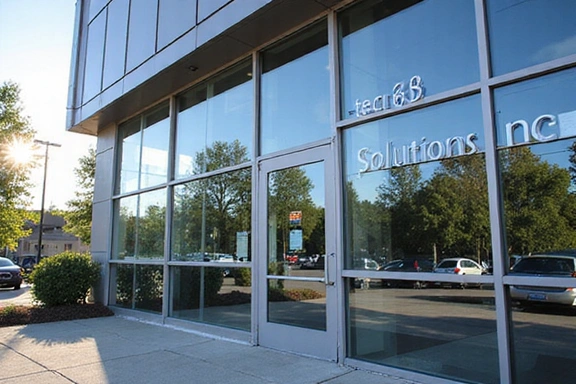 Office building exterior with Tech Solutions Inc. logo