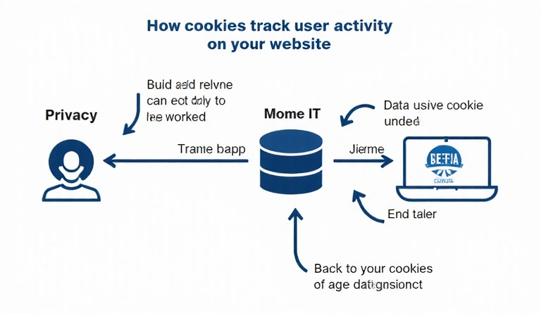 Diagram showing how cookies track user activity on a website, with arrows indicating data flow from user to server and back, emphasizing privacy and data security.
