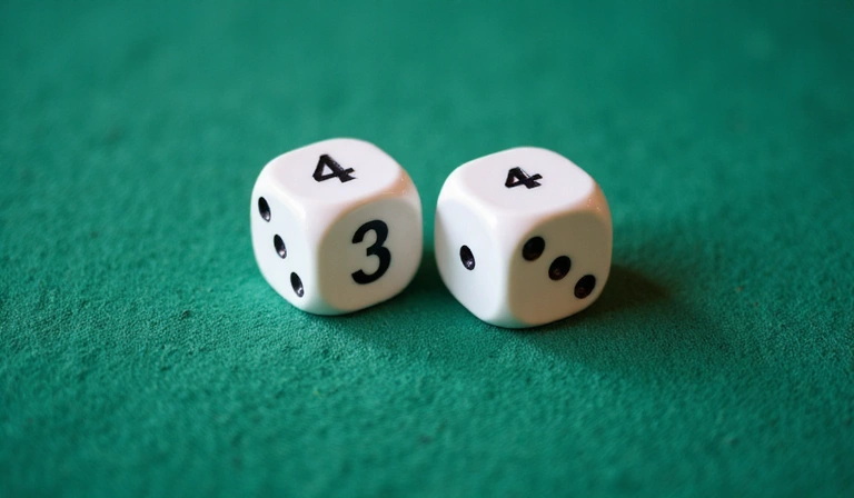 Close-up of craps dice on a green felt table