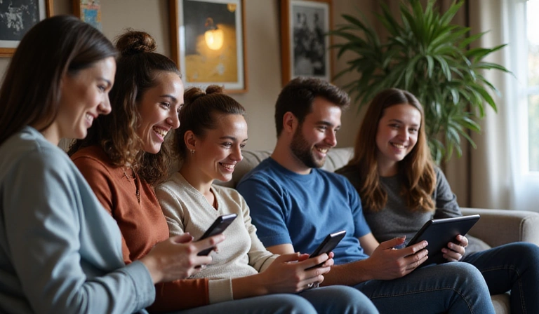 Group of friends enjoying social casino games on their mobile devices