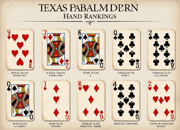 Elegant poker hand rankings chart with card illustrations